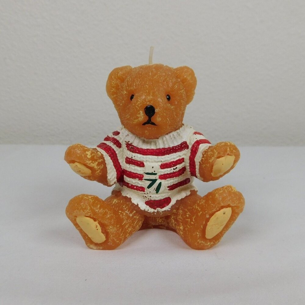 Sitting Teddy Bear in Sweater Christmas Holiday Free Standing Candle Wax 3" Tall
